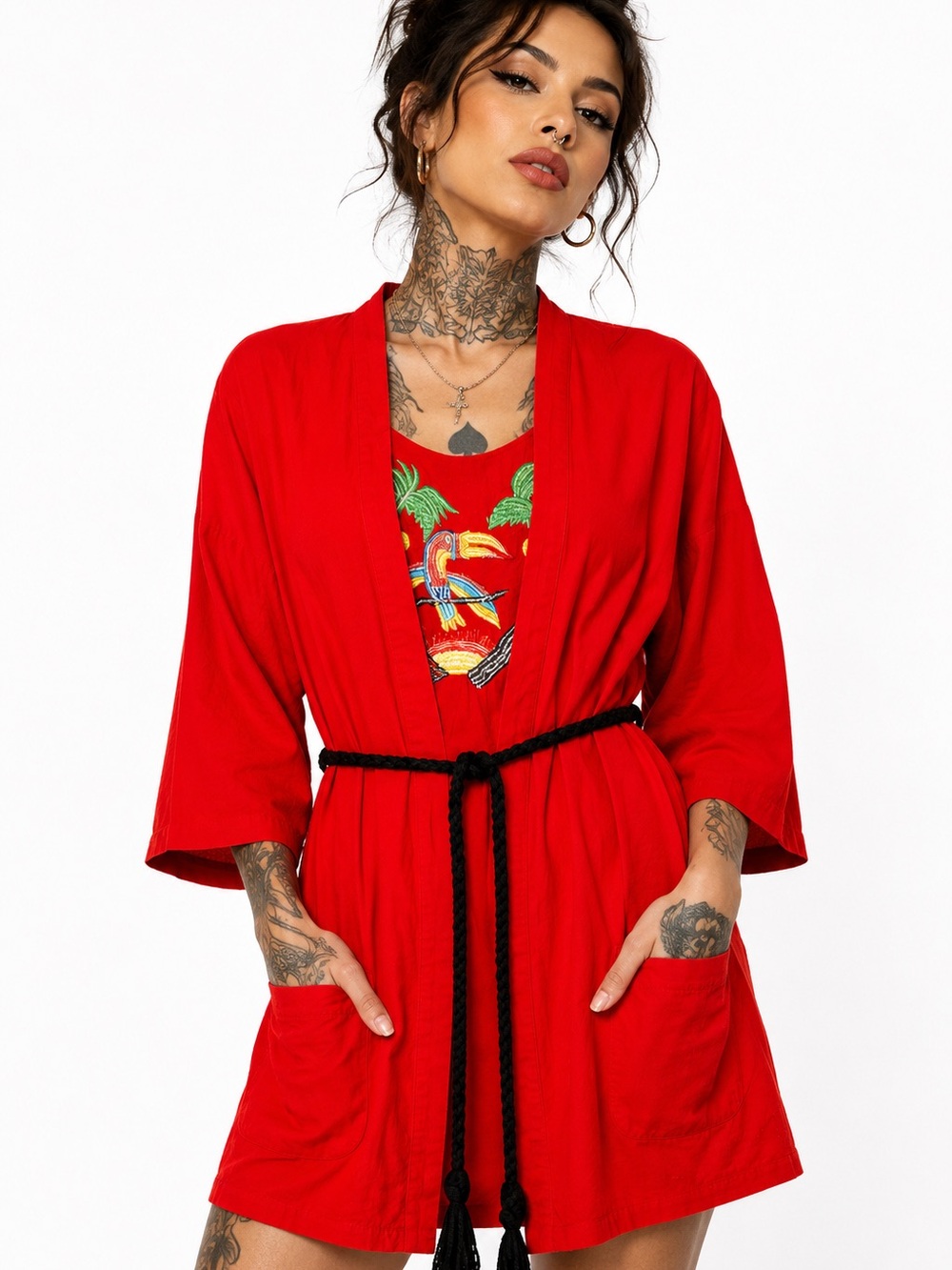 Red Short Kimono Robe with Black Tie Belt